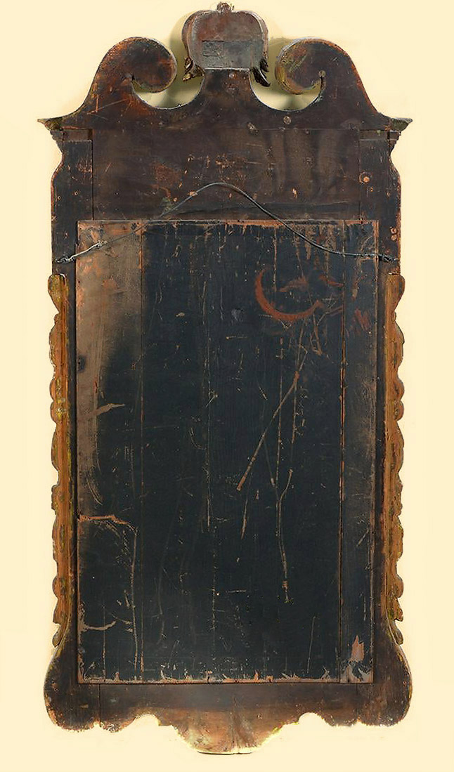 George II Walnut Veneer & Parcel Gilt Mirror, England, c1730, verso backboards